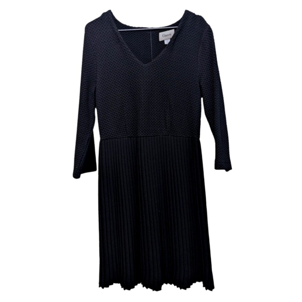 Ganni for Anthropologie Black Fulton Pleated Crossknit 3/4 Sleeve Dress M